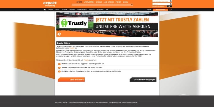 Zahle über Trustly bei Expekt ein und erhalte eine 5 € Gratiswette Zahle über Trustly bei Expekt ein und erhalte eine 5 € Gratiswette